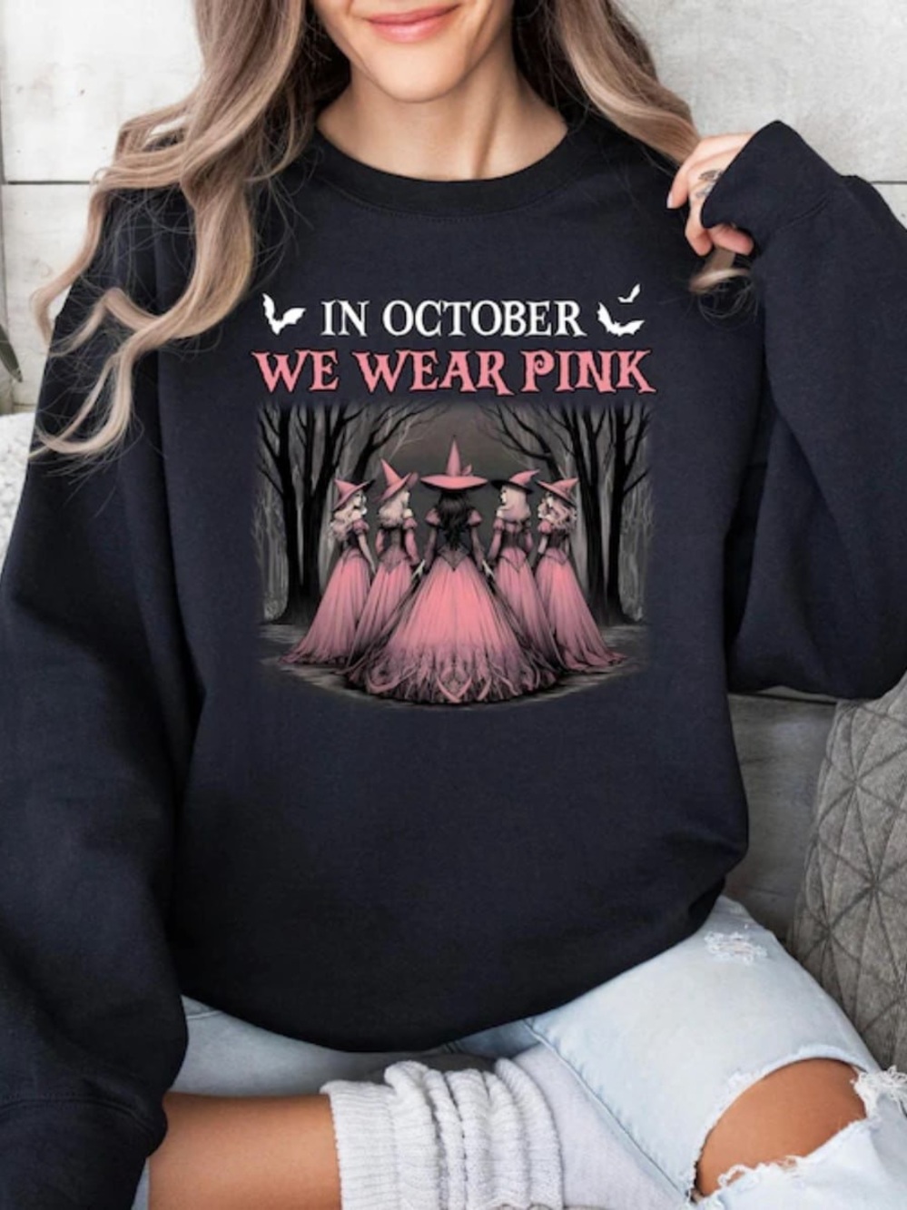Black Sweatshirt with Pink Witch Graphic - "In October We Wear Pink"